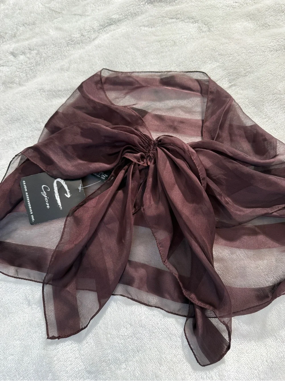 NWT Vintage Cejon Ready-Tie Scarf Sheer Stripe Wrap Shawl Brown Rosette Velcro